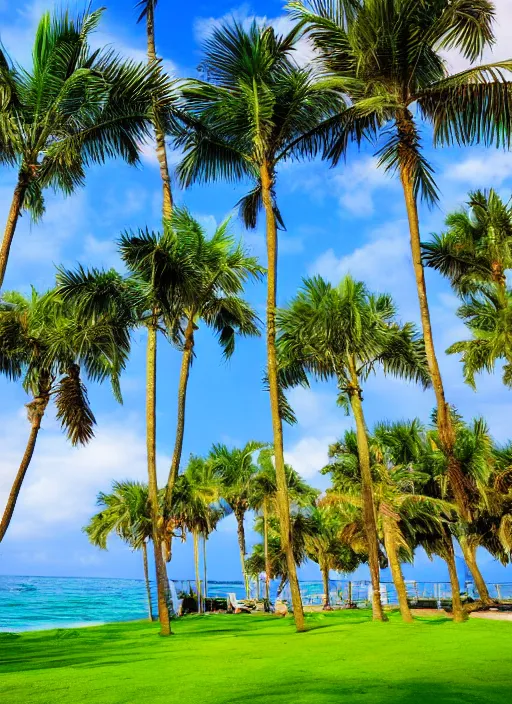 Image similar to palm trees on the beach, highly detailed, pink-blue-green light, landscaping, natural, outdoor spaces,