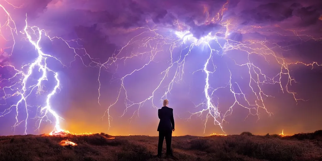 Prompt: donald trump casting fireballs, colorful hd picure, lightning in the background