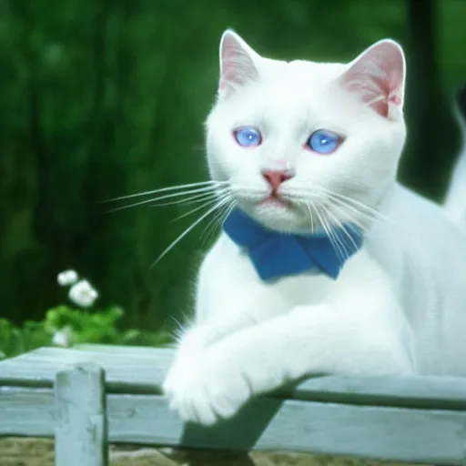 Image similar to a white cat with blue eyes singing to the sound of music, austria, film still, sound of music, 4 k, 8 k