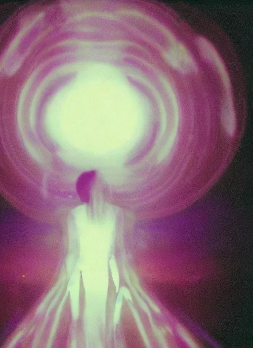 Image similar to a symmetrical female astral projection, thick liquid glowing aura, motion blur, film grain, cinematic lighting, experimental film, shot on 1 6 mm