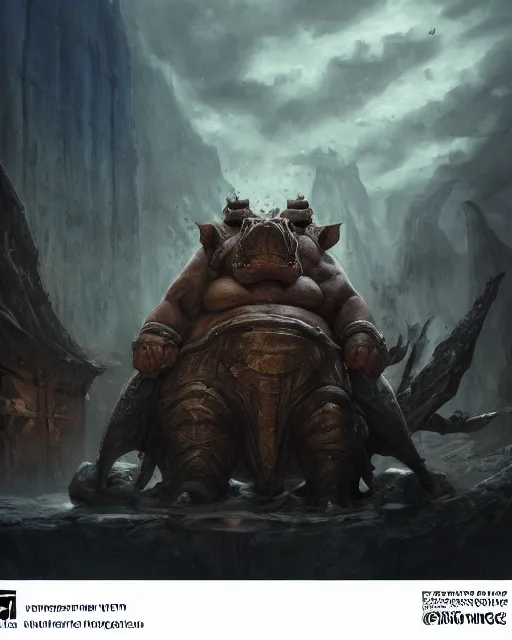 Image similar to Hippo, Anthropomorphized, as warlord general on skull throne, magic the gathering artwork, D&D, fantasy, cinematic lighting, centered, symmetrical, highly detailed, digital painting, artstation, concept art, smooth, sharp focus, illustration, volumetric lighting, epic Composition, 8k, art by Akihiko Yoshida and Greg Rutkowski and Craig Mullins, heroic pose, oil painting, cgsociety, Battlefield background, explosions, arrows