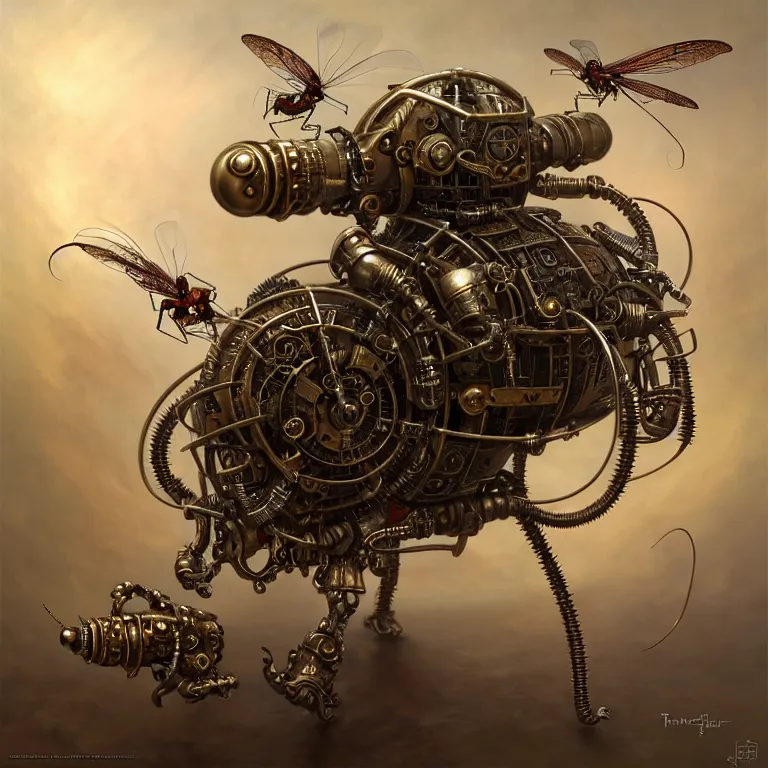 Prompt: steampunk the robot mosquito, unreal engine realistic render, 8 k, micro detail, intricate, elegant, highly detailed, centered, digital painting, artstation, smooth, sharp focus, illustration, artgerm, tomasz alen kopera, peter mohrbacher, donato giancola, joseph christian leyendecker, wlop, boris vallejo