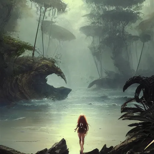 Prompt: a mystic sea in the jungle, there are many ancient crabs, by greg rutkowski, trending on art station