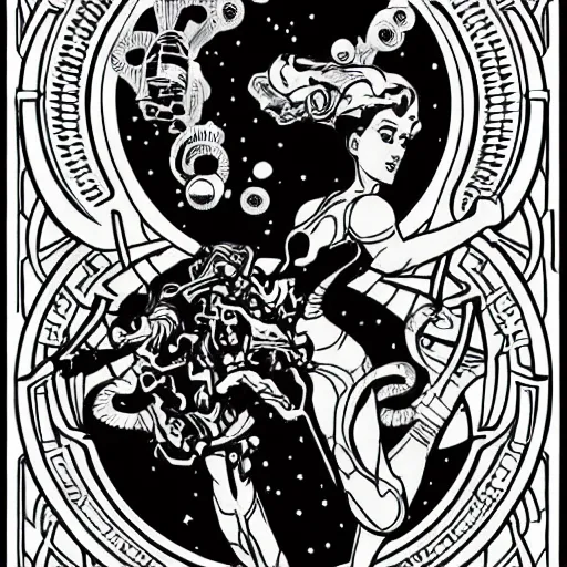 Image similar to clean simple line art with heavy black outlines of a woman floating in space wearing a space suit. no background. well composed, clean coloring book page, beautiful detailed face. coloring book line art by mike mignola and steve ditko and alphonse mucha