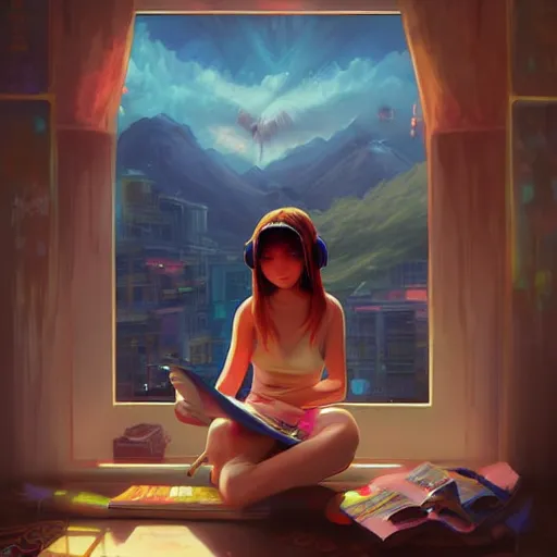 Image similar to lo-fi colorful masterpiece by Ross Tran, WLOP, Dan Mumford, Christophe Vacher, painting, asian girl, with headphones, studyng in bedroom, window with Tokyo view, lo-fi illustration style, by WLOP, by loish, by apofis, alive colors