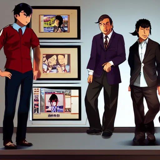 Prompt: Jetstream Sam, Omori, and Saul Goodman, standing next to Phoenix Wright, award-winning photograph, dramatic lighting