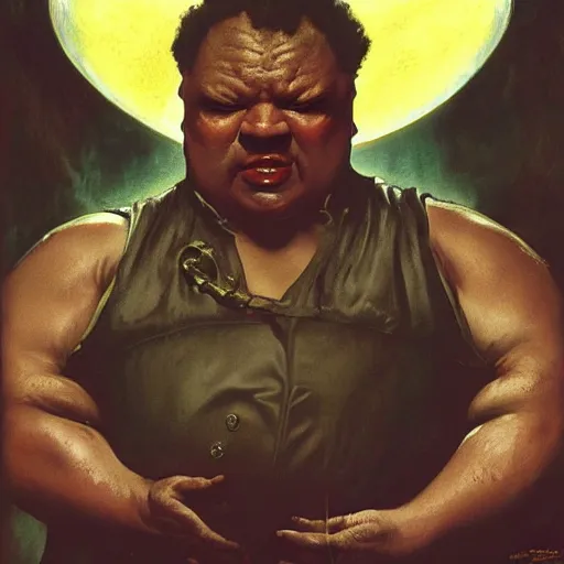 Image similar to photoreal portrait of a powerful black man as baron harkonnen, by norman rockwell and boris vallejo, artstation, concept character art