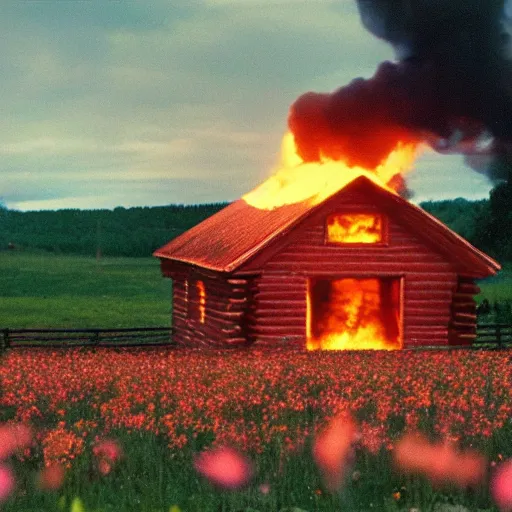 Image similar to vhs 1 9 8 0 s footage of a scene from the movie midsommar, center of screen a - line shaped wooden cabin on fire center of screen, field of flowers