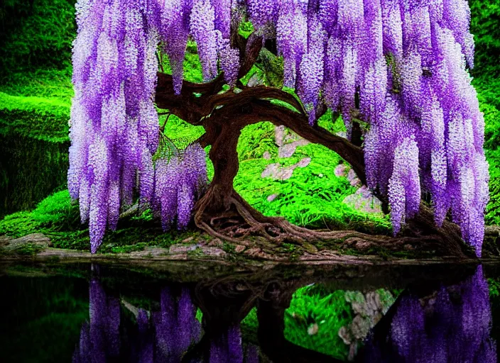 Image similar to a small wisteria tree on an island in a river in an underground cave. fantasy magic style. highly detailed 8 k. intricate. lifelike. soft light. sony a 7 r iv 5 5 mm. cinematic post - processing