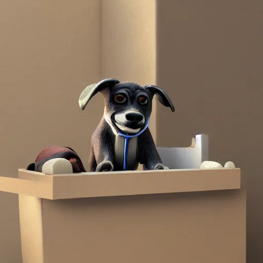 Image similar to dog character, in a box, small puppy, rich dog, high quality, 3 d render, dog in mountain, soft, concept art, intricate details, highly detailed, colorful, photorealistic, disney pixar, octane render, iridescent, anime, 8 k