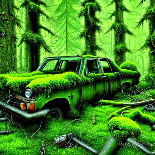 Prompt: a junk yard in the forest, overgrown with moss and ivy, detailed, realistic digital art,