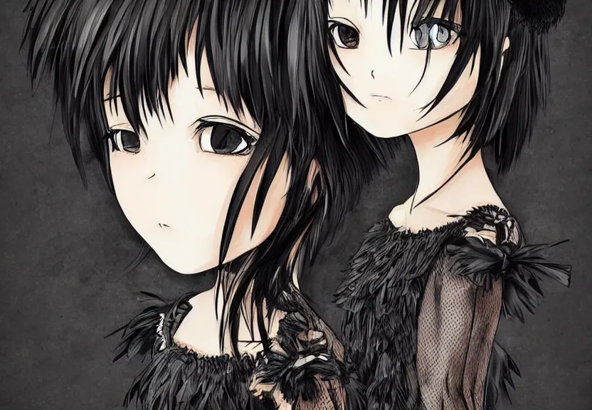 Image similar to little girl with a short black haircut wearing a dress made of black feathers, artwork in the anime style, realistic dark, anatomically perfect