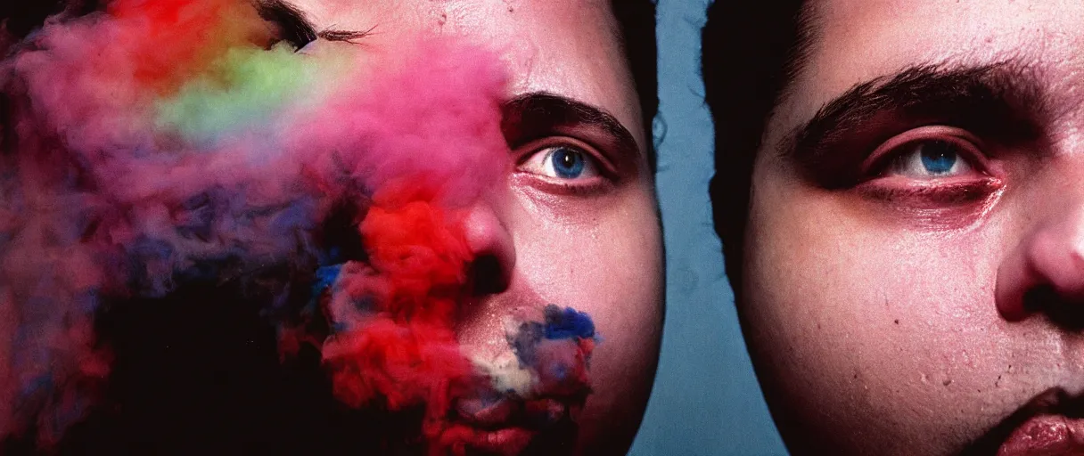 Image similar to award winning photo of a todd solondz charles thompson iv wearing lipsticl and becoming smoke, sad and happy, crying and smiling franticly, vivid colors, happy, symmetrical face, beautiful eyes, studio lighting, wide shot art by sally mann & arnold newman