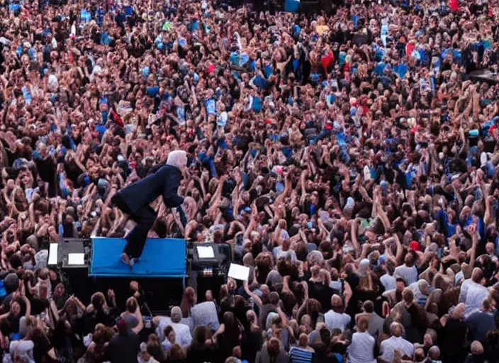 Prompt: publicity photo still of bernie sanders crowd surfing live on stage, 8 k, live concert lighting, mid shot