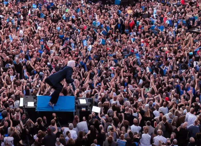 Image similar to publicity photo still of bernie sanders crowd surfing live on stage, 8 k, live concert lighting, mid shot