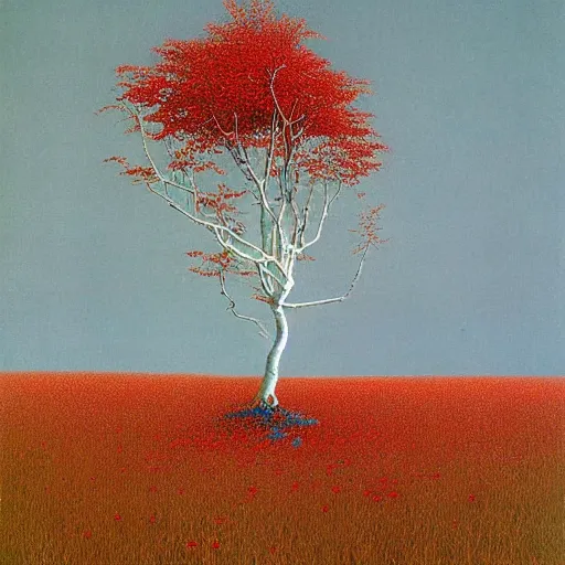 Image similar to white tree with red flowers made by zdzisław beksinski