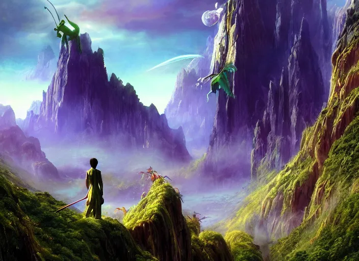 Prompt: a highly detailed beautiful dreamy breathtaking matte painting of the avatar film screenshot, a huge tall mountains, tall acid green grass field, flying creatures, neon genesis evangelion style, featured on artstation, pulp scifi book cover art, i can't believe how beatiful this is, wow, by marc simonetti, jonathan solter, anton fadeev, ismail inceoglu