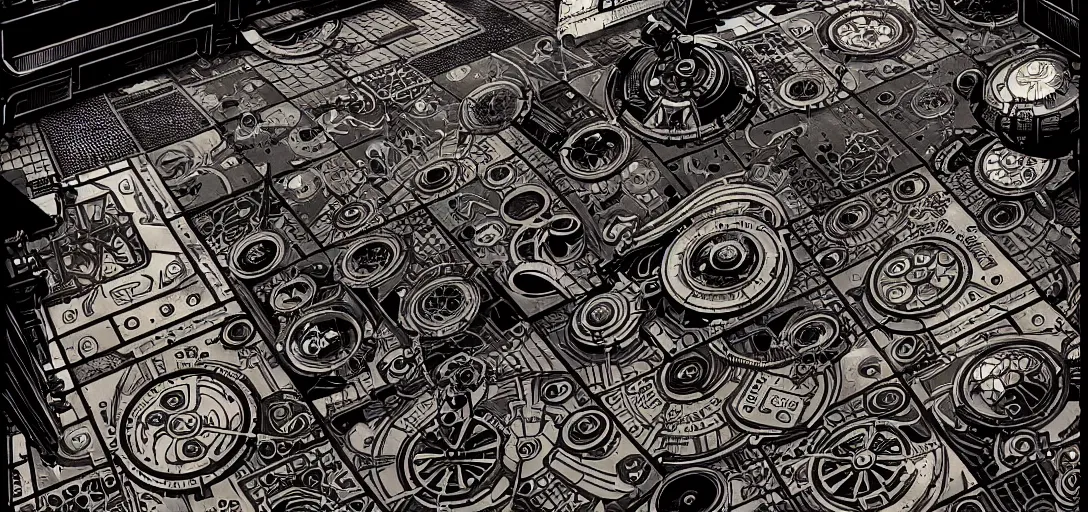Image similar to cyberpunk steampunk tiled floor, one point perspective, high details, line art, by vincent di fate and joe fenton, inking, screen print, trending on artstation, sharp,, hyper - detailed, hd, 4 k, 8 k