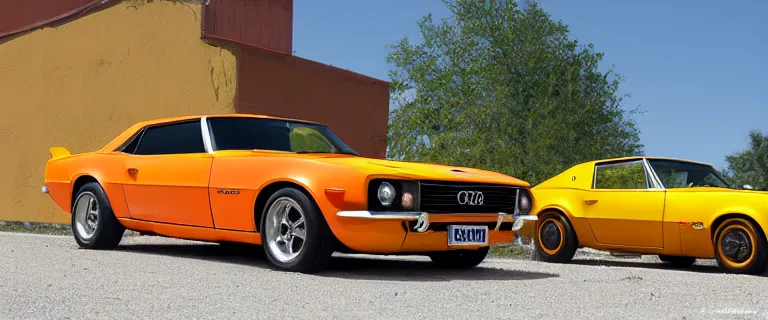 Image similar to orange - yellow audi camaro b 1 ( 1 9 6 7 ), restomod, establishing shot