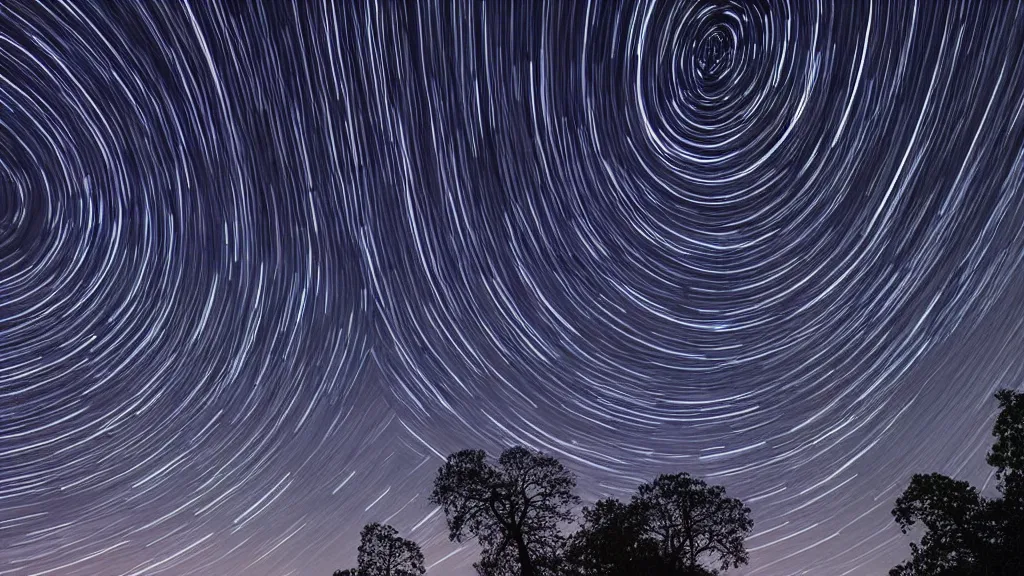 Image similar to The trunks stretch above you, awesome and cradling. The canopy gyres overhead, the intricacy of the leaf capillaries dazzle. Star trails are visible in the black sky. haunted long exposure night time photography in the style of Andreas Ghersky