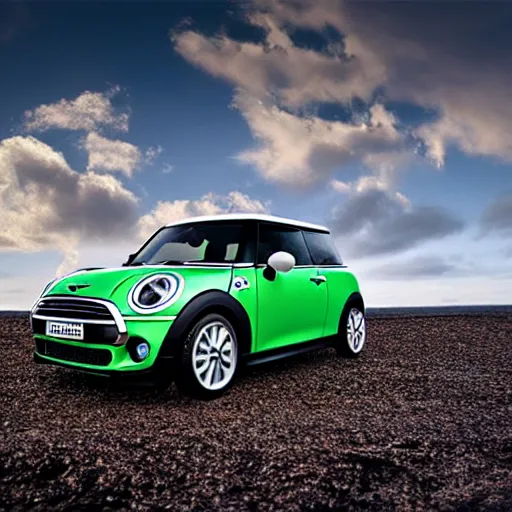 Image similar to a 4 k photorealistic photo of a miniature mini cooper car on a beach, natural soft lighting, outdoors, medium shot sandy