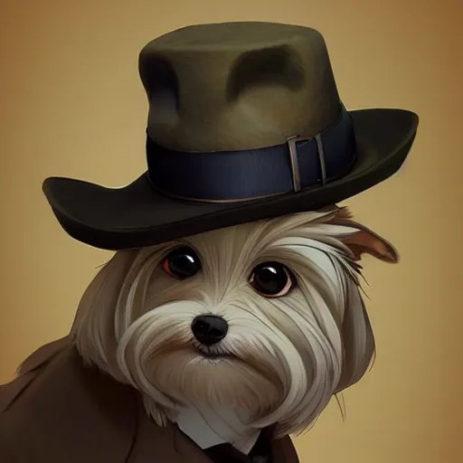 Image similar to anime portrait of the cutest yorkshire terrier detective wearing a fedora hat by Stanley Artgerm Lau, WLOP, Rossdraws, James Jean, Andrei Riabovitchev, Marc Simonetti, and Sakimichan, trending on artstation