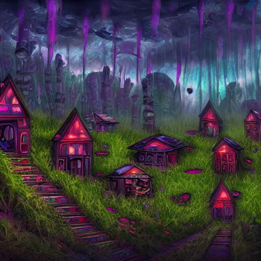 Image similar to psychedelic mushroom houses, post apocalyptic, dark fantasy, liminal space, dark paradise, digital art, 4 k