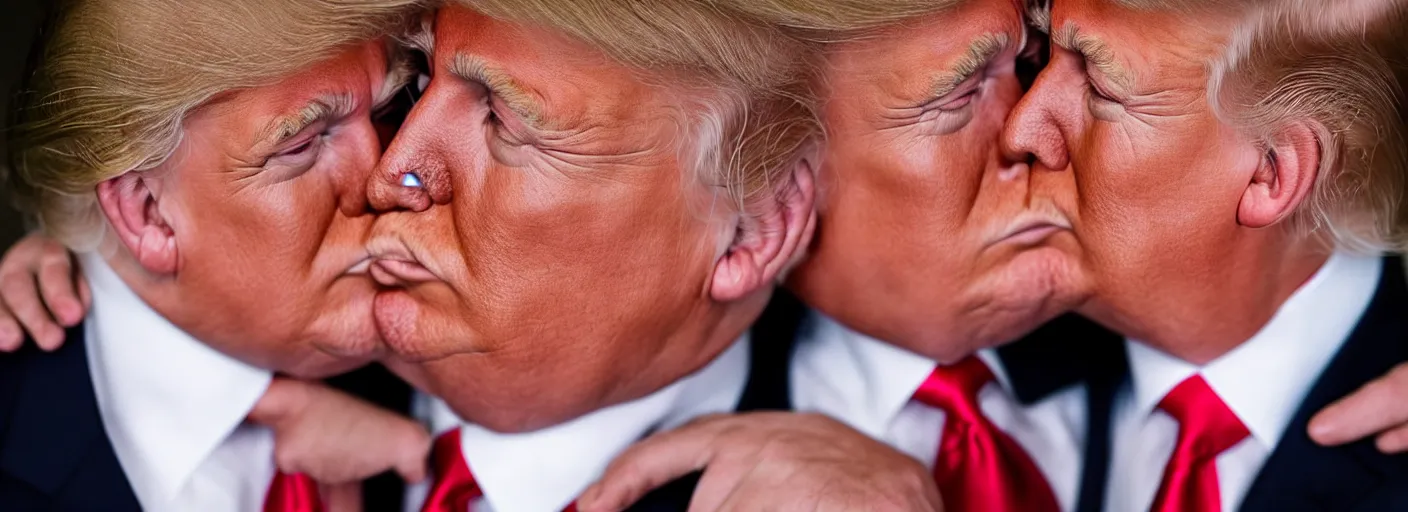Image similar to beautiful high quality romantic portrait photo of donald trump kissing donald trump. hq. hdr. golden hour. donald trump and donald trump kissing on the lips. very high resolution. amazing lighting.