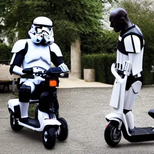 Prompt: storm trooper having a friendly chat with michael jordan on a scooter, photorealistic, documentary