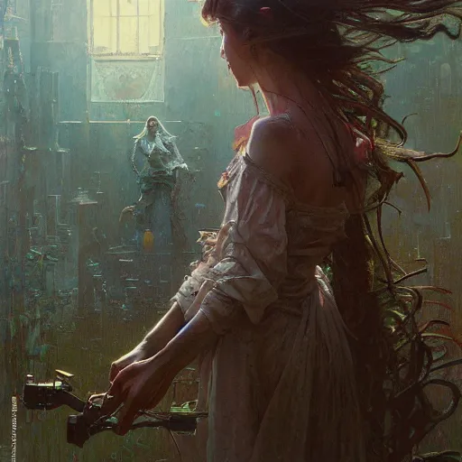 Image similar to an unimaginable artificial horror menacingly looms over a crouched, scared girl by stanley artgerm lau, greg rutkowski, thomas kindkade, alphonse mucha, loish, norman rockwell.