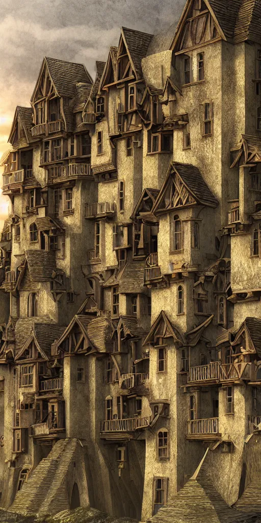 Prompt: multiple medieval houses stacked on each other, creating a thin monolith, concept art, very tall, trending on deviantart, movie still, award wining photograph