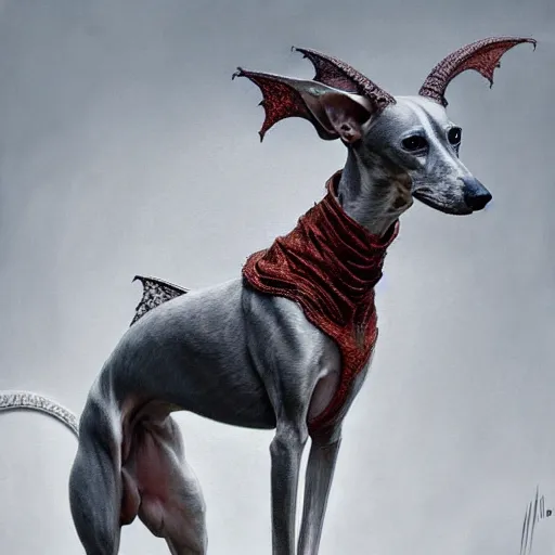 Prompt: a whippet, dressed as a dragon, elegant intricate digital painting artstation concept art by mark brooks and brad kunkle and beksinski extreme detail 4 k