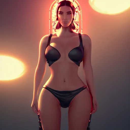 Image similar to kodak portra. by wlop, ilya kuvshinov, krenz cushart, greg rutkowski, trending on pixiv. zbrush sculpt, octane, maya, houdini, vfx. cute kim kardashian wearing futuristic solar punk bikini armor. digital painting. cinematic dramatic atmosphere, sharp focus, volumetric lighting.