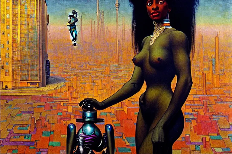 Prompt: realistic extremely detailed portrait painting of a beautiful black woman with a robot, city street on background by Jean Delville, Amano, Yves Tanguy, Ilya Repin, Alphonse Mucha, Ernst Haeckel, James C. Christensen, Edward Robert Hughes, Roger Dean, rich moody colours