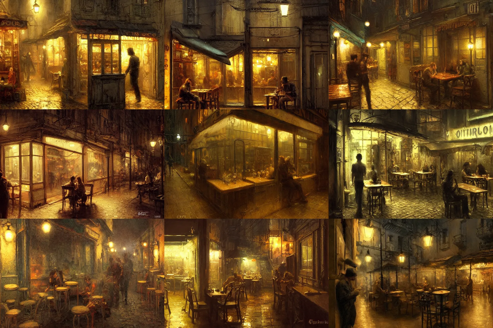 Prompt: Inside small cafe at night in lisbon, moody scene, highly detailed, intricate, sharp details, dystopian mood, 1950 scene by gaston bussiere, craig mullins, somber lighting, drawn by Giacomo Burattini, inspired by graphic novel cover art, hyperrealistic, 8k by RHADS