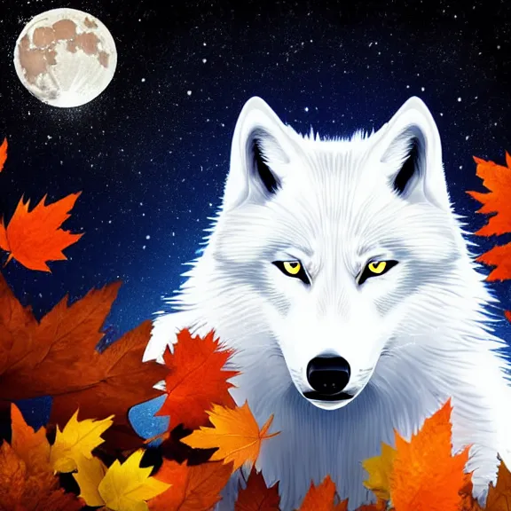 Image similar to white wolf with blue eyes stands in a dark night dormant autumn forest with magic moon in sky, no yellow color in eyes, no yellow color, realistic