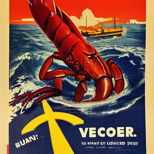 Image similar to WW2 propaganda posters of a giant lobster attacking Vancouver, BC, color print