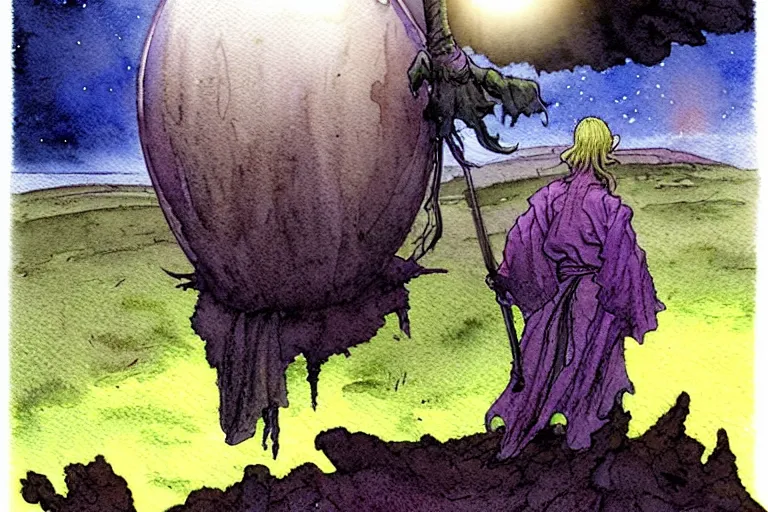 Image similar to a realistic and atmospheric watercolour fantasy character concept art portrait of a short chibi alien wearing robes emerging from the mist on the moors of ireland at night. a ufo is in the sky. by rebecca guay, michael kaluta, charles vess and jean moebius giraud