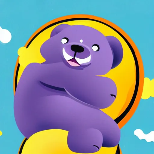 Image similar to cartoon illustration of a bear mascot being launched from a futuristic marble planet, purple and orange cloudland