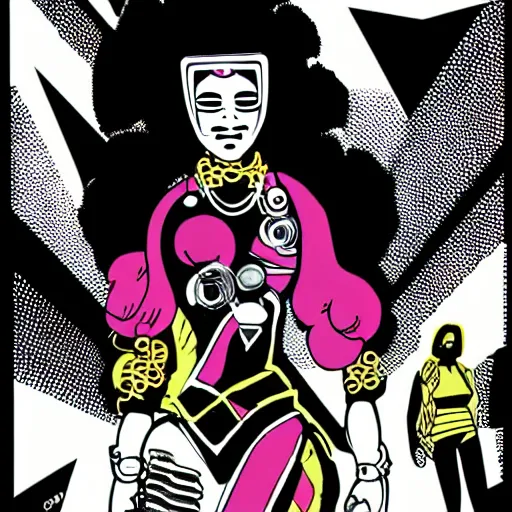Image similar to afrofuturist woman walking down the busy street wearing gold jewelry and a goli mask, cyberpunk, far shot, 1970s comic art style