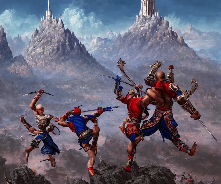 Prompt: wide angle shot from above of silver ornate armor slim muay thai handsome warriors in battle!!! mountains and giant gothic abbeys in the background, fine detail, 8 k, high contrast color scheme, blue at the background red at the foreground!!!, dynamic perspective, painted movie poster by greg rutkowski and peter mohrbacher