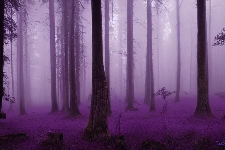 Prompt: dark forest with huge dead jungel trees, light mist, purple glow by Andreas Rocha