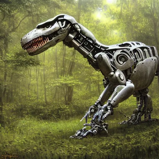 Image similar to A robotic hybrid of a T-Rex strolling along a lush green forest, machine parts exposed all over the T-Rex body, sci-fi concept art, highly detailed, oil on canvas by James Gurney