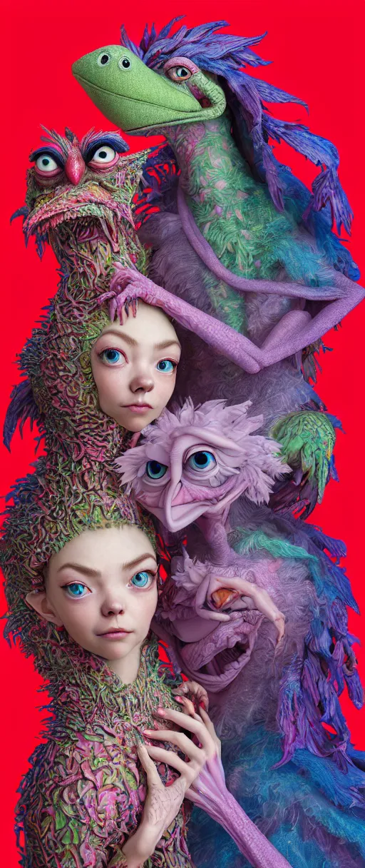 Image similar to hyper detailed 3d render like a Oil painting - kawaii portrait of two Aurora (a beautiful skeksis muppet fae princess protective playful expressive eyes from dark crystal that looks like Anya Taylor-Joy) seen red carpet photoshoot in UVIVF posing in scaly dress to Eat of the Strangling network of yellowcake aerochrome and milky Fruit and His delicate Hands hold of gossamer polyp blossoms bring iridescent fungal flowers whose spores black the foolish stars by Jacek Yerka, Ilya Kuvshinov, Mariusz Lewandowski, Houdini algorithmic generative render, Abstract brush strokes, Masterpiece, Edward Hopper and James Gilleard, Zdzislaw Beksinski, Mark Ryden, Wolfgang Lettl, hints of Yayoi Kasuma and Dr. Seuss, octane render, 8k