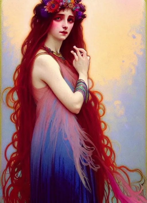 Image similar to ombre velvet gown, feathers, vivid colors, lovely dark autumn princess, portrait, long hair, tiara, jeweled choker, by alphonse mucha, brom, greg rutkowski, anato finnstark