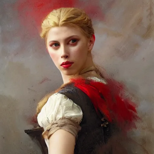 Prompt: solomon joseph solomon and richard schmid and jeremy lipking victorian genre painting portrait painting of a young beautiful scarlet johansson traditional german french actress model pirate wench in fantasy costume, red background