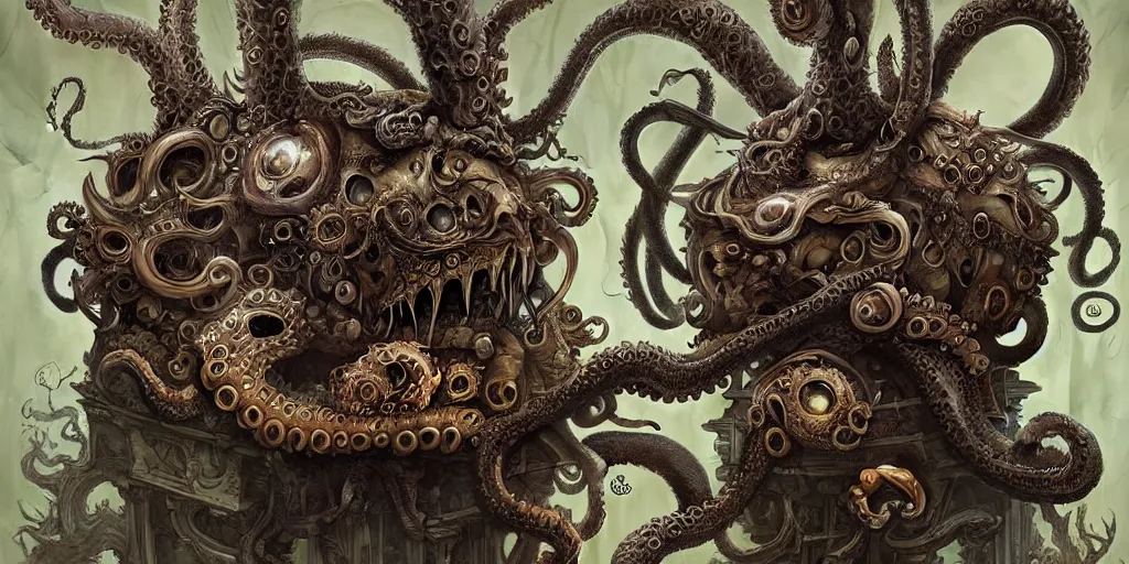 Prompt: biomechanical creature with big octopus head guarding an ancient chest in a mystic forest, gothic and baroque, brutalist architecture, ultradetailed, Intricate by Ellen Jewett and Josan Gonzalez and Giuseppe Arcimboldo