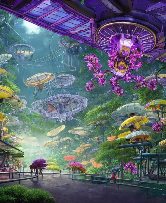 Image similar to a amusement park made out of seamless alien isopods, in the style of an aerodynamic robot, overgrown with puffy orchids, partly cloudy, somber, dramatic lighting, by dan mumford, yusuke murata, makoto shinkai, ross tran, cinematic, unreal engine, cel shaded, featured on artstation, pixiv