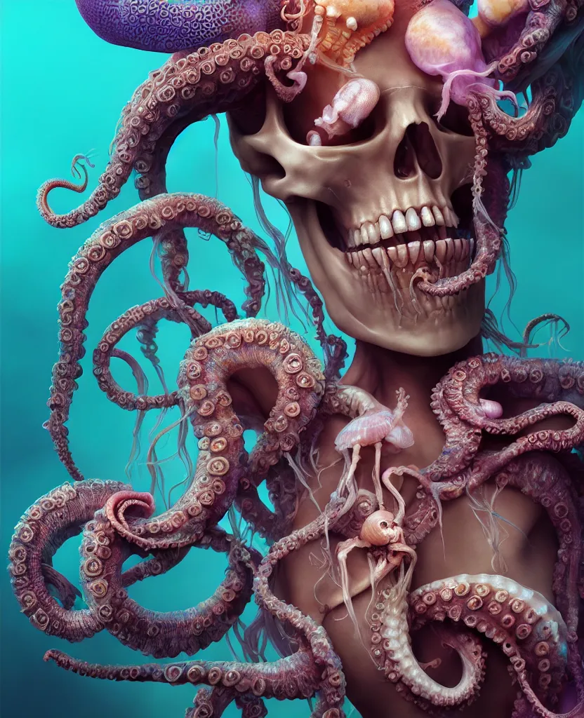 Image similar to goddess close - up portrait human skeleton, ram skull, octopus, jellyfish, orchid, betta fish, bioluminiscent, intricate artwork by tooth wu and wlop and beeple. octane render, trending on artstation, greg rutkowski very coherent symmetrical artwork. cinematic, hyper realism, high detail, octane render, 8 k