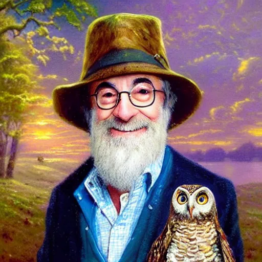 Prompt: portrait of Terry Pratchett smiling with an owl, colourful by Thomas Kinkade, detailed, beautiful composition, oil painting